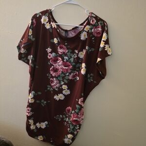 By Johnny Burgundy Floral Short Sleeve Top with Pink & White Blooms